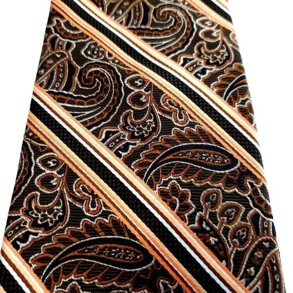 Pronto Uomo Couture Paisley Striped Brown Woven Silk Tie - Picture 2 of 6